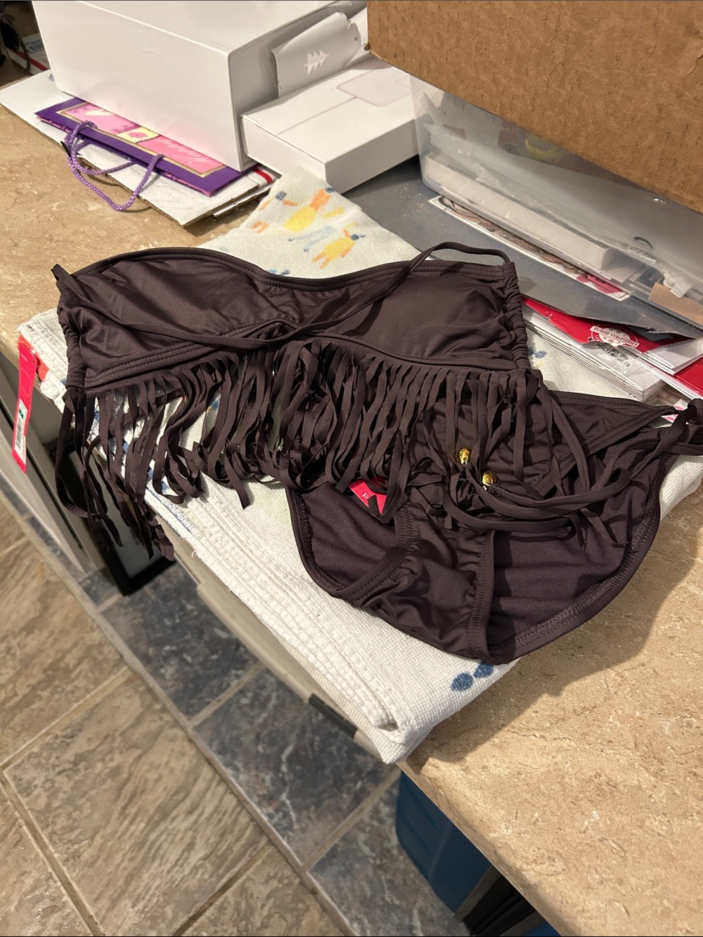 Xhilaration NWT Brown Tie-Side Bikini with fringe and Gold Accents